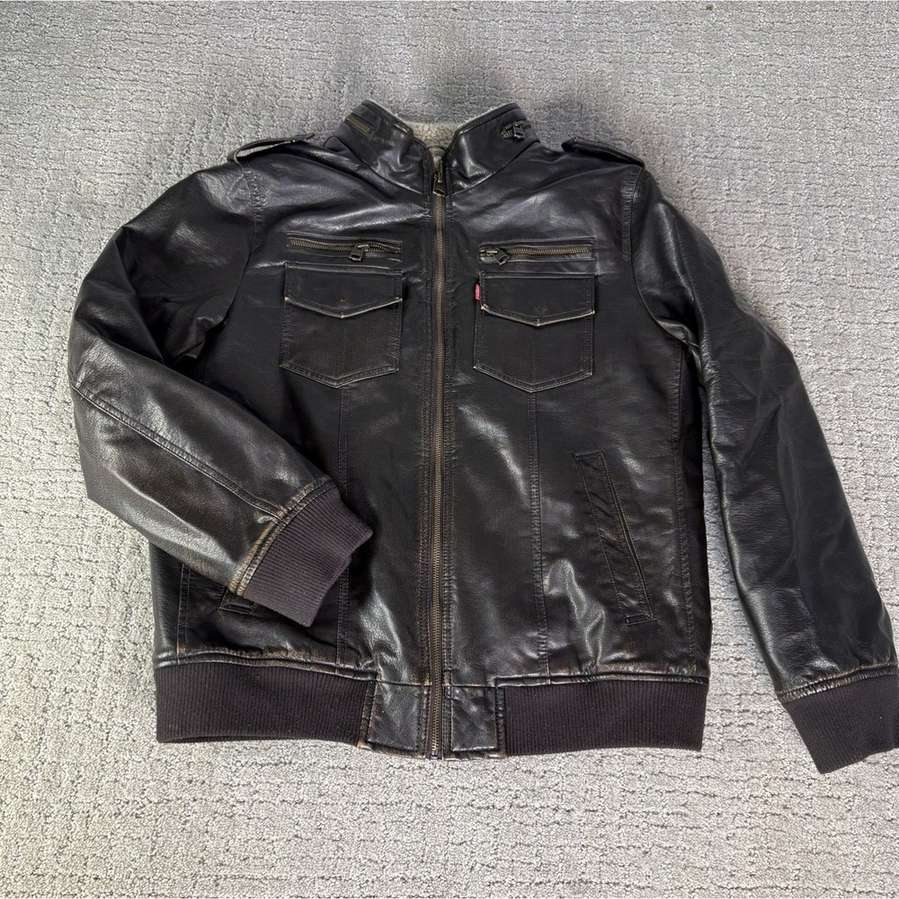 Levis Mens Faux Leather Sherpa Bomber Jacket Dark Brown Flight Coat Size M